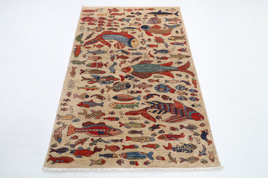 124 x 182 cm | Fish Design Hand Knotted Veg Dye Wool Afghan Carpet