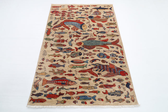 124 x 182 cm | Fish Design Hand Knotted Veg Dye Wool Afghan Carpet