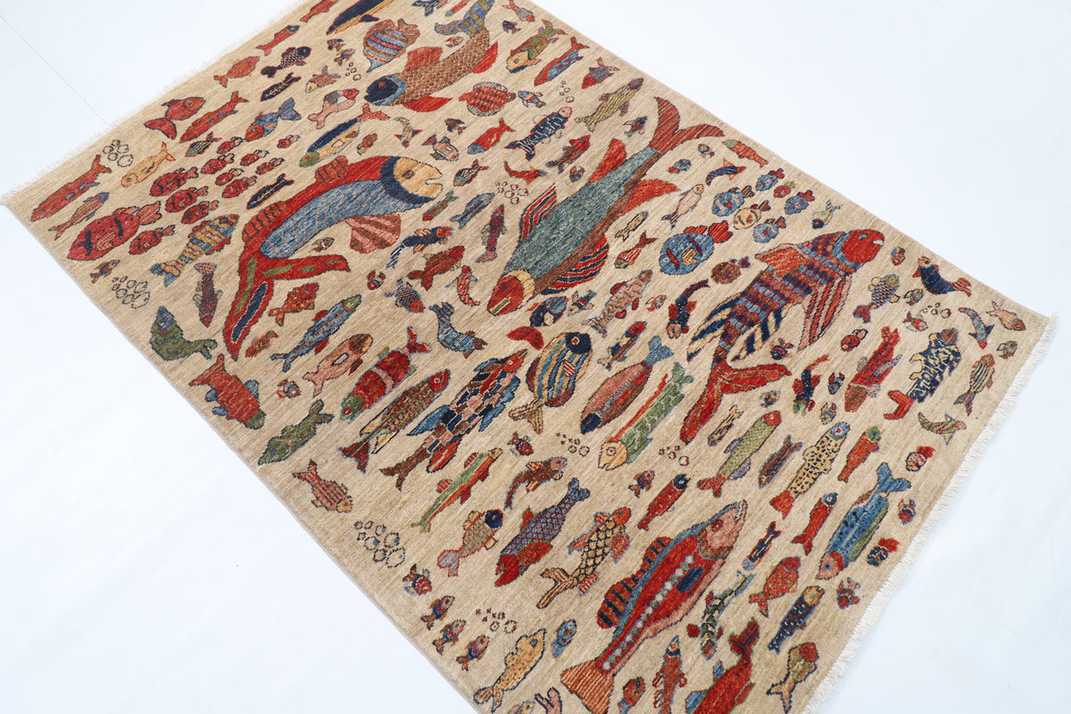 124 x 182 cm | Fish Design Hand Knotted Veg Dye Wool Afghan Carpet