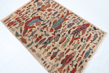 124 x 182 cm | Fish Design Hand Knotted Veg Dye Wool Afghan Carpet