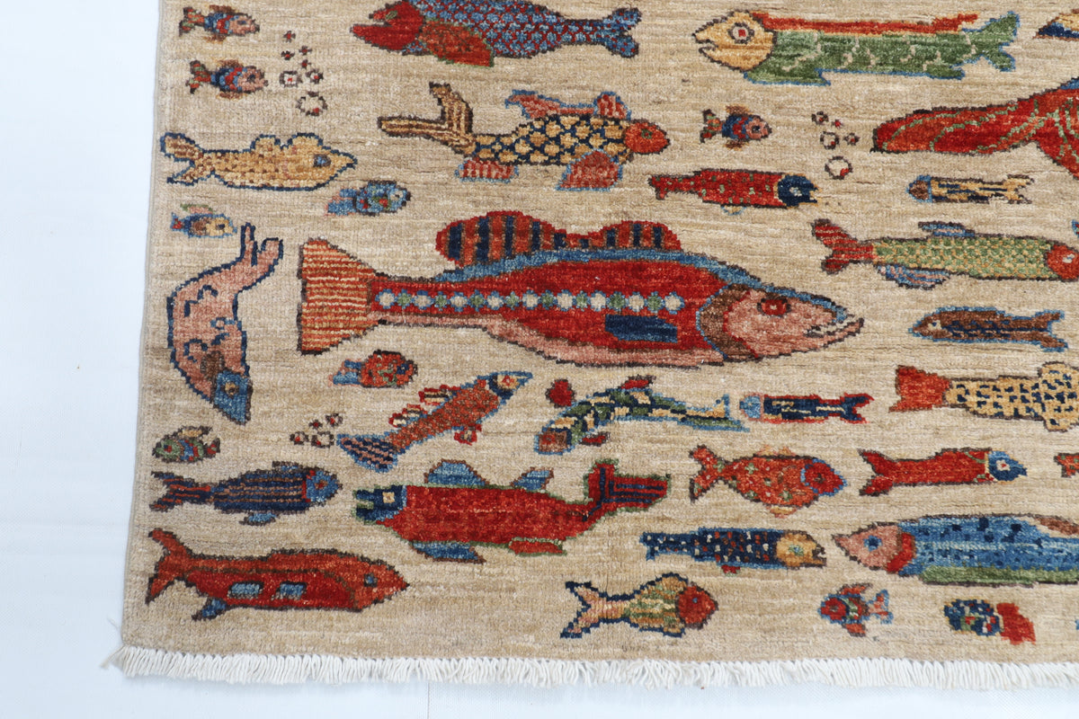 124 x 182 cm | Fish Design Hand Knotted Veg Dye Wool Afghan Carpet