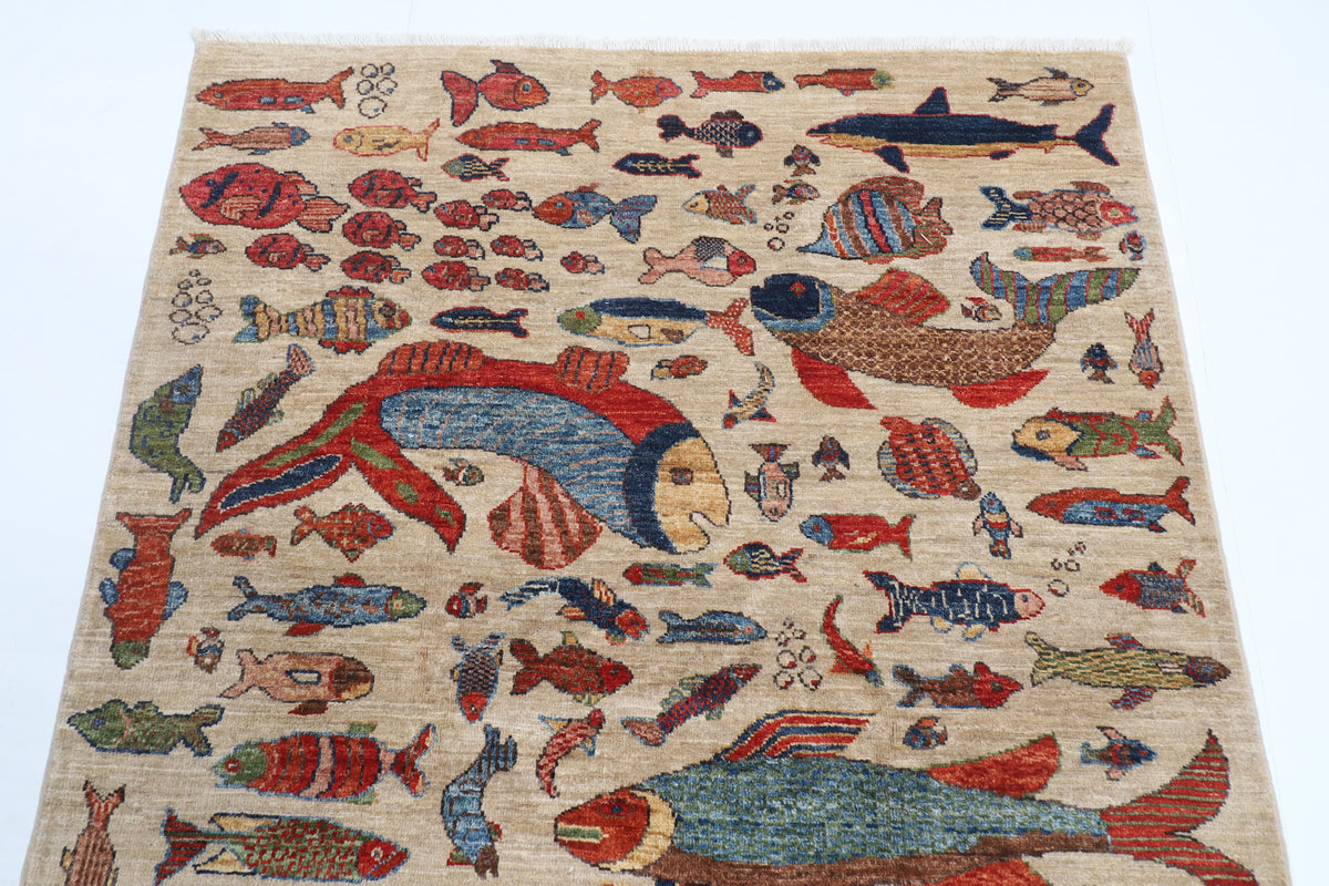 124 x 182 cm | Fish Design Hand Knotted Veg Dye Wool Afghan Carpet