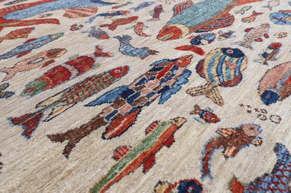 124 x 182 cm | Fish Design Hand Knotted Veg Dye Wool Afghan Carpet