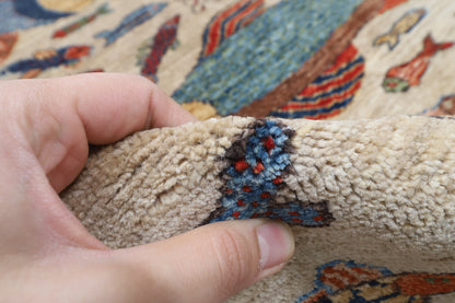 124 x 182 cm | Fish Design Hand Knotted Veg Dye Wool Afghan Carpet