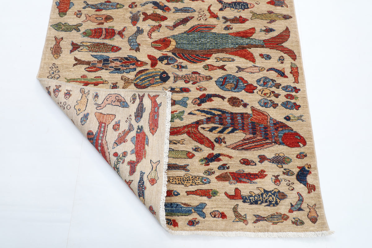 124 x 182 cm | Fish Design Hand Knotted Veg Dye Wool Afghan Carpet