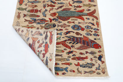 124 x 182 cm | Fish Design Hand Knotted Veg Dye Wool Afghan Carpet