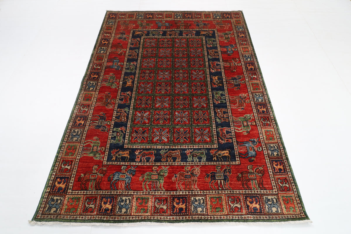 153 x 208 cm | Animal Red Design Hand Knotted Veg Dye Wool Afghan Carpet