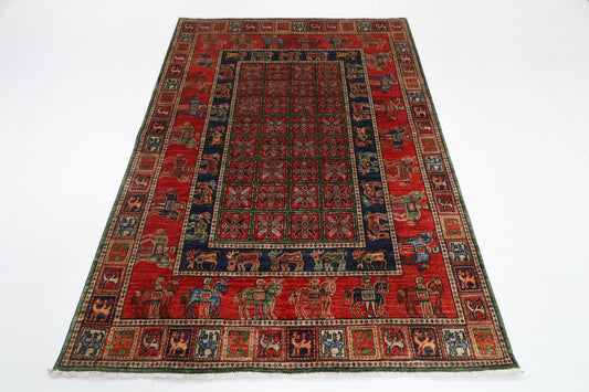 153 x 208 cm | Animal Red Design Hand Knotted Veg Dye Wool Afghan Carpet