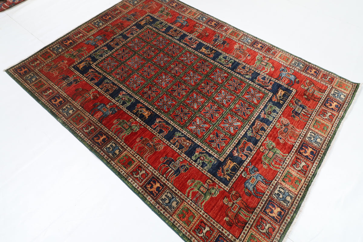 153 x 208 cm | Animal Red Design Hand Knotted Veg Dye Wool Afghan Carpet