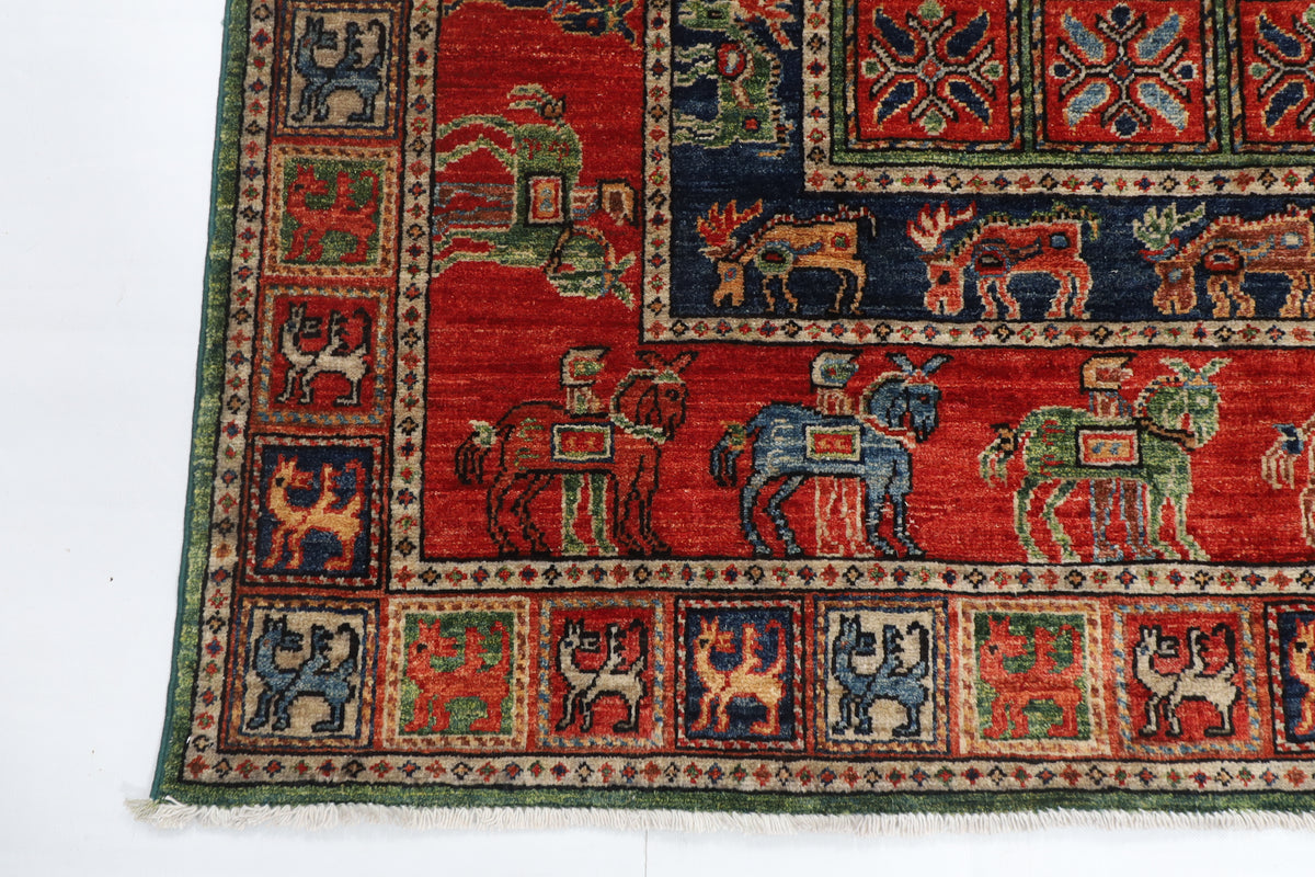 153 x 208 cm | Animal Red Design Hand Knotted Veg Dye Wool Afghan Carpet
