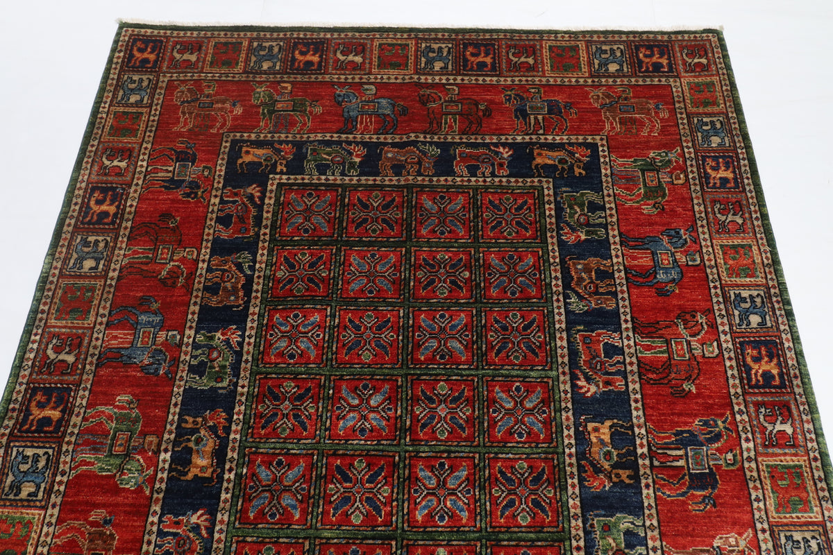 153 x 208 cm | Animal Red Design Hand Knotted Veg Dye Wool Afghan Carpet