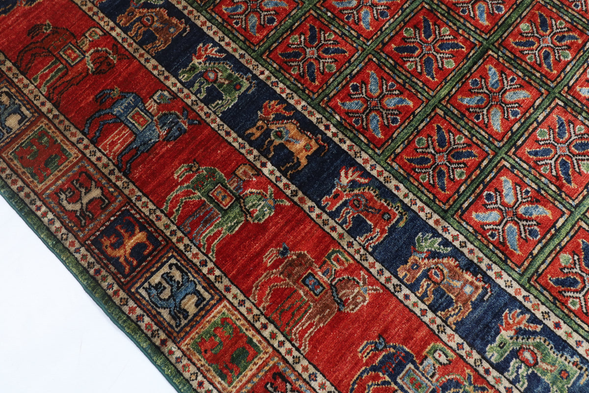 153 x 208 cm | Animal Red Design Hand Knotted Veg Dye Wool Afghan Carpet