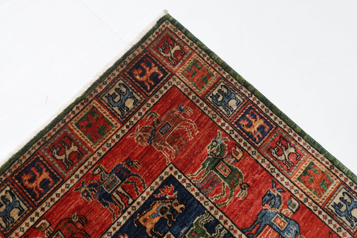 153 x 208 cm | Animal Red Design Hand Knotted Veg Dye Wool Afghan Carpet