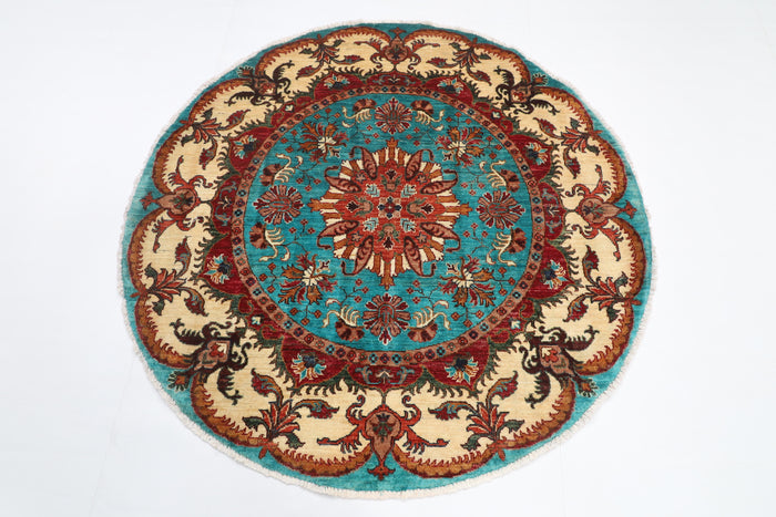 140 x 141 cm | Floral Round Design Hand Knotted Veg Dye Wool Afghan Carpet