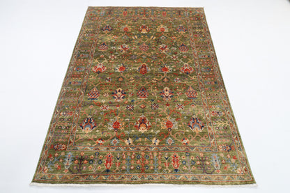 147 x 200 cm | Floral Green Design Hand Knotted Veg Dye Wool Afghan Carpet