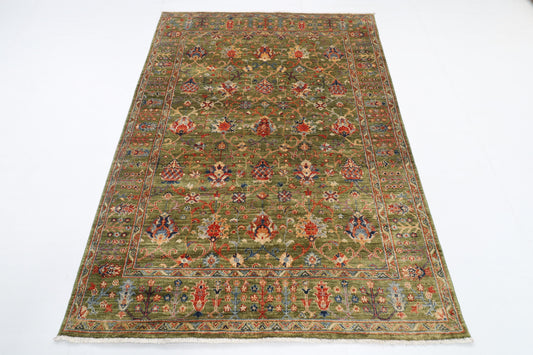 147 x 200 cm | Floral Green Design Hand Knotted Veg Dye Wool Afghan Carpet