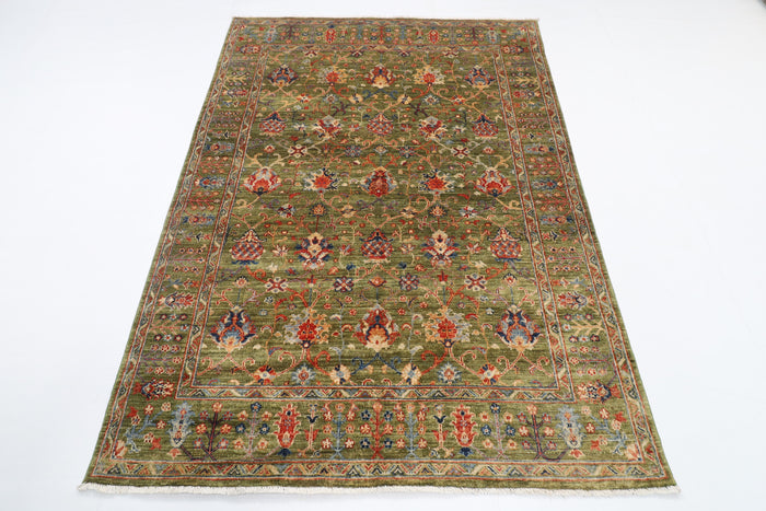 147 x 200 cm | Floral Green Design Hand Knotted Veg Dye Wool Afghan Carpet