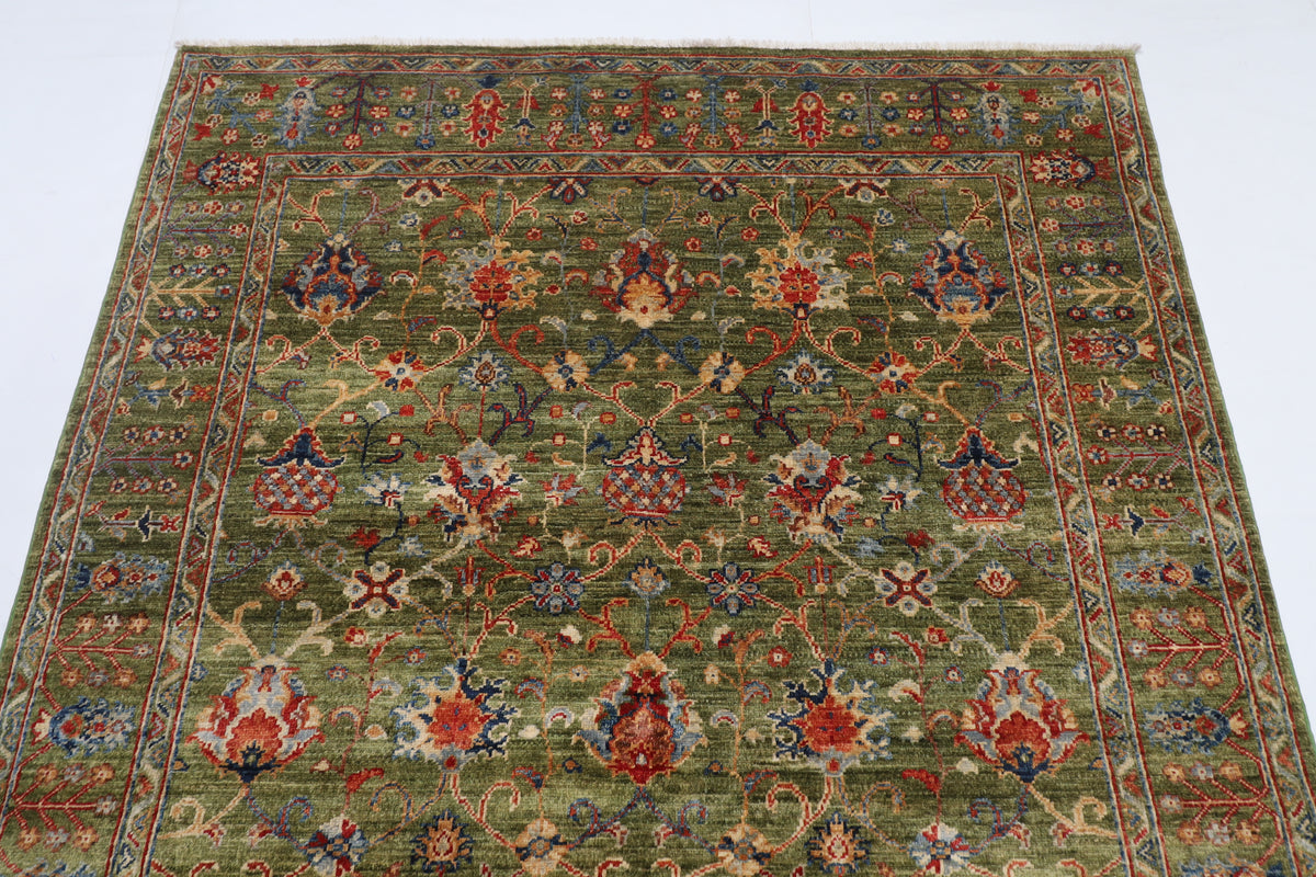 147 x 200 cm | Floral Green Design Hand Knotted Veg Dye Wool Afghan Carpet