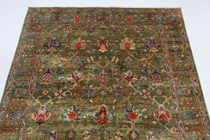 147 x 200 cm | Floral Green Design Hand Knotted Veg Dye Wool Afghan Carpet