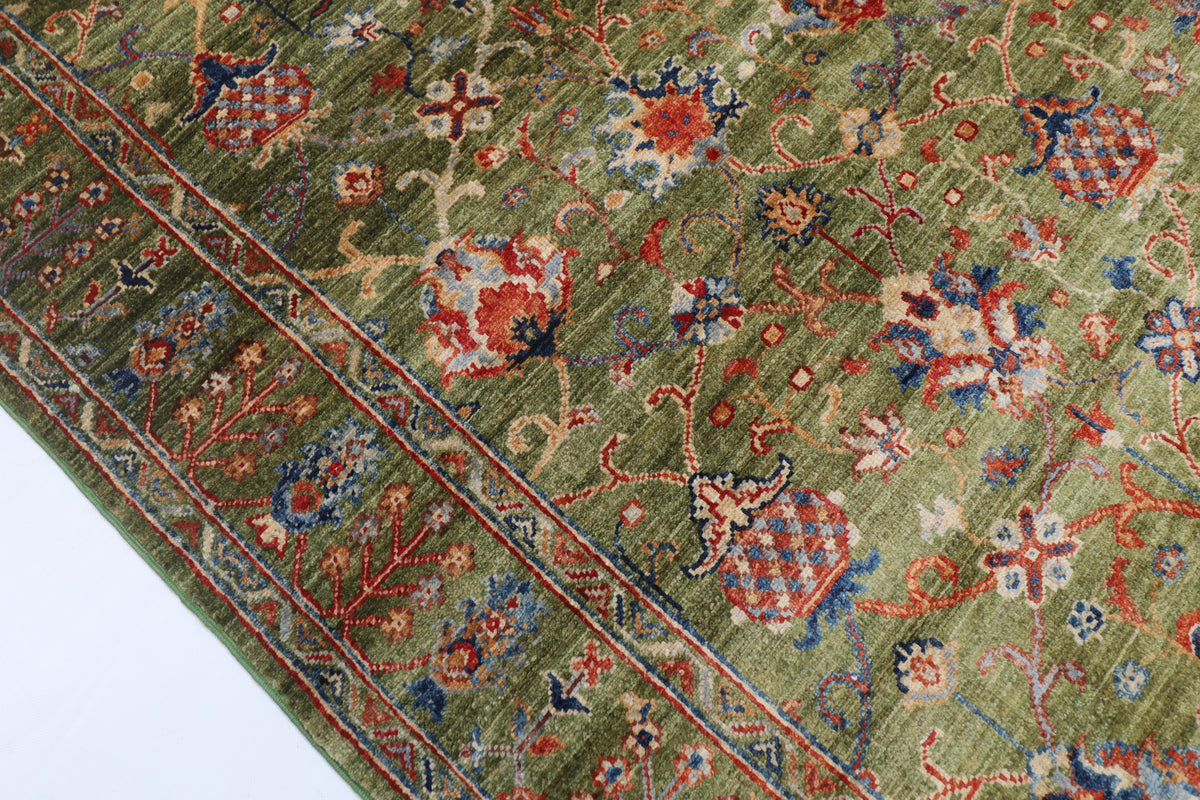 147 x 200 cm | Floral Green Design Hand Knotted Veg Dye Wool Afghan Carpet