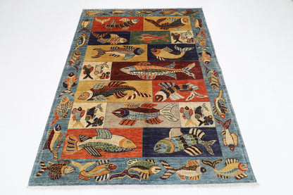 150 x 194 cm | Fish Blue Oriental Area Rug Afghan Hand Knotted Veg Dye Wool carpet