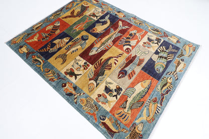 150 x 194 cm | Fish Blue Oriental Area Rug Afghan Hand Knotted Veg Dye Wool carpet