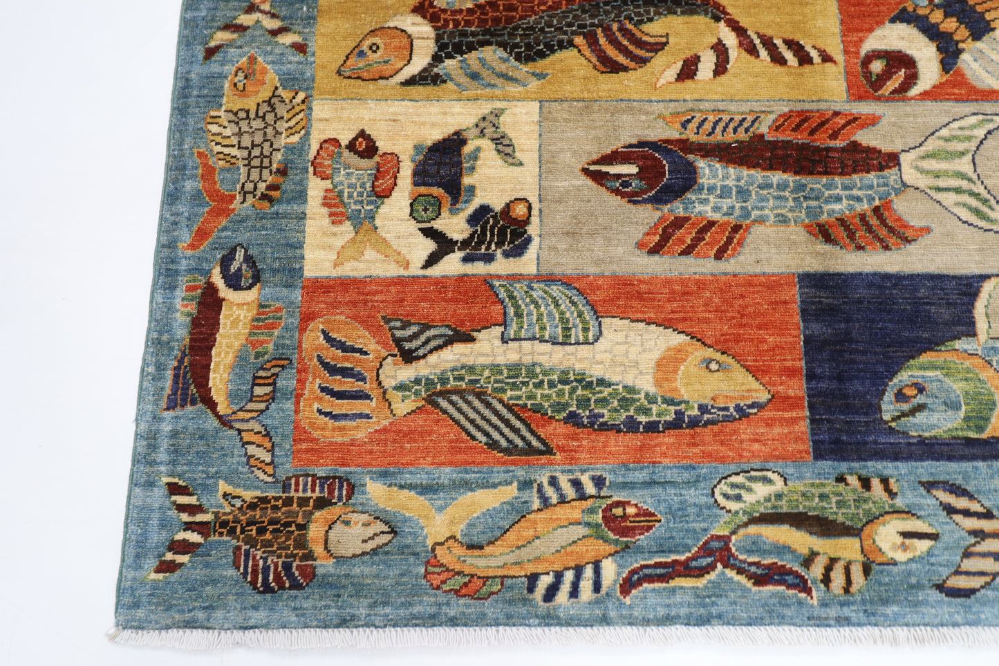 150 x 194 cm | Fish Blue Oriental Area Rug Afghan Hand Knotted Veg Dye Wool carpet