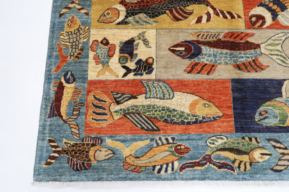 150 x 194 cm | Fish Blue Oriental Area Rug Afghan Hand Knotted Veg Dye Wool carpet