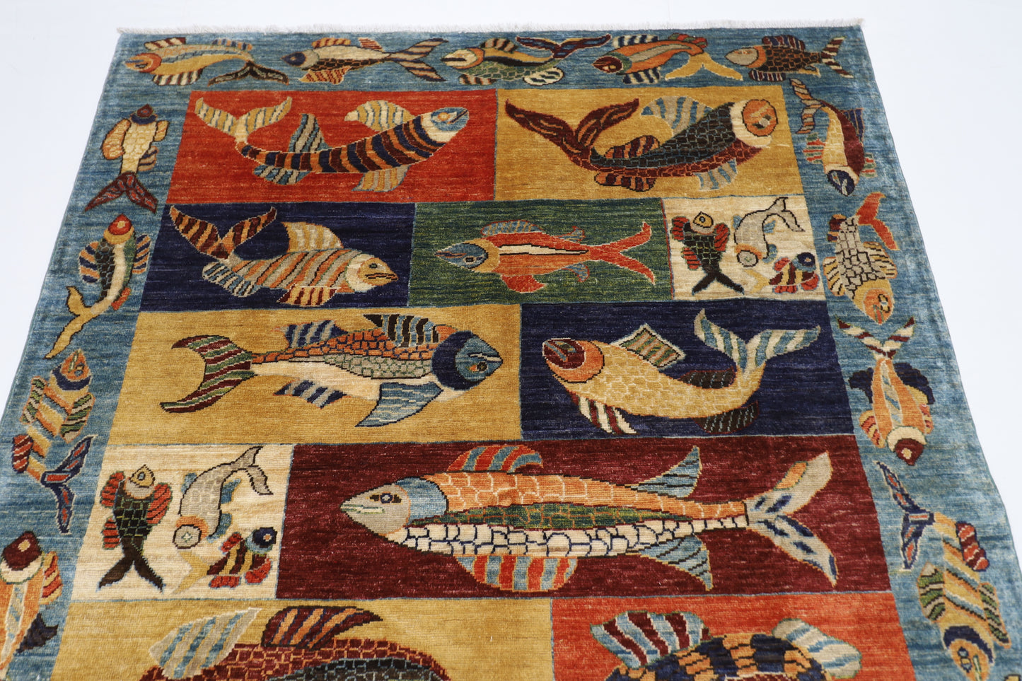 150 x 194 cm | Fish Blue Oriental Area Rug Afghan Hand Knotted Veg Dye Wool carpet