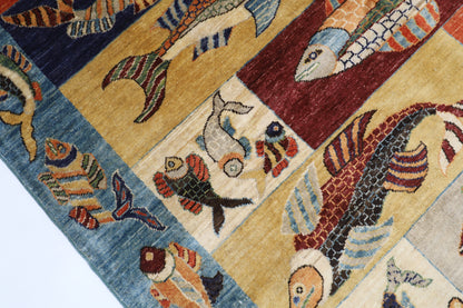 150 x 194 cm | Fish Blue Oriental Area Rug Afghan Hand Knotted Veg Dye Wool carpet