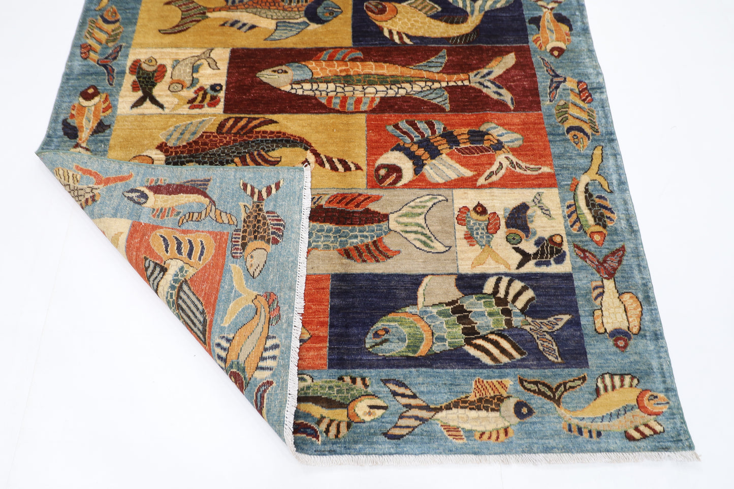 150 x 194 cm | Fish Blue Oriental Area Rug Afghan Hand Knotted Veg Dye Wool carpet