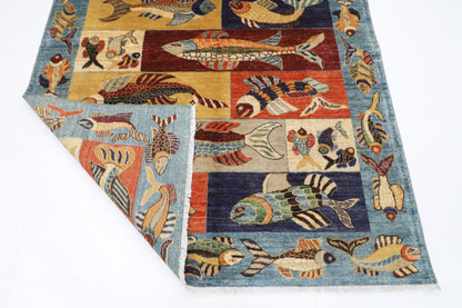 150 x 194 cm | Fish Blue Oriental Area Rug Afghan Hand Knotted Veg Dye Wool carpet