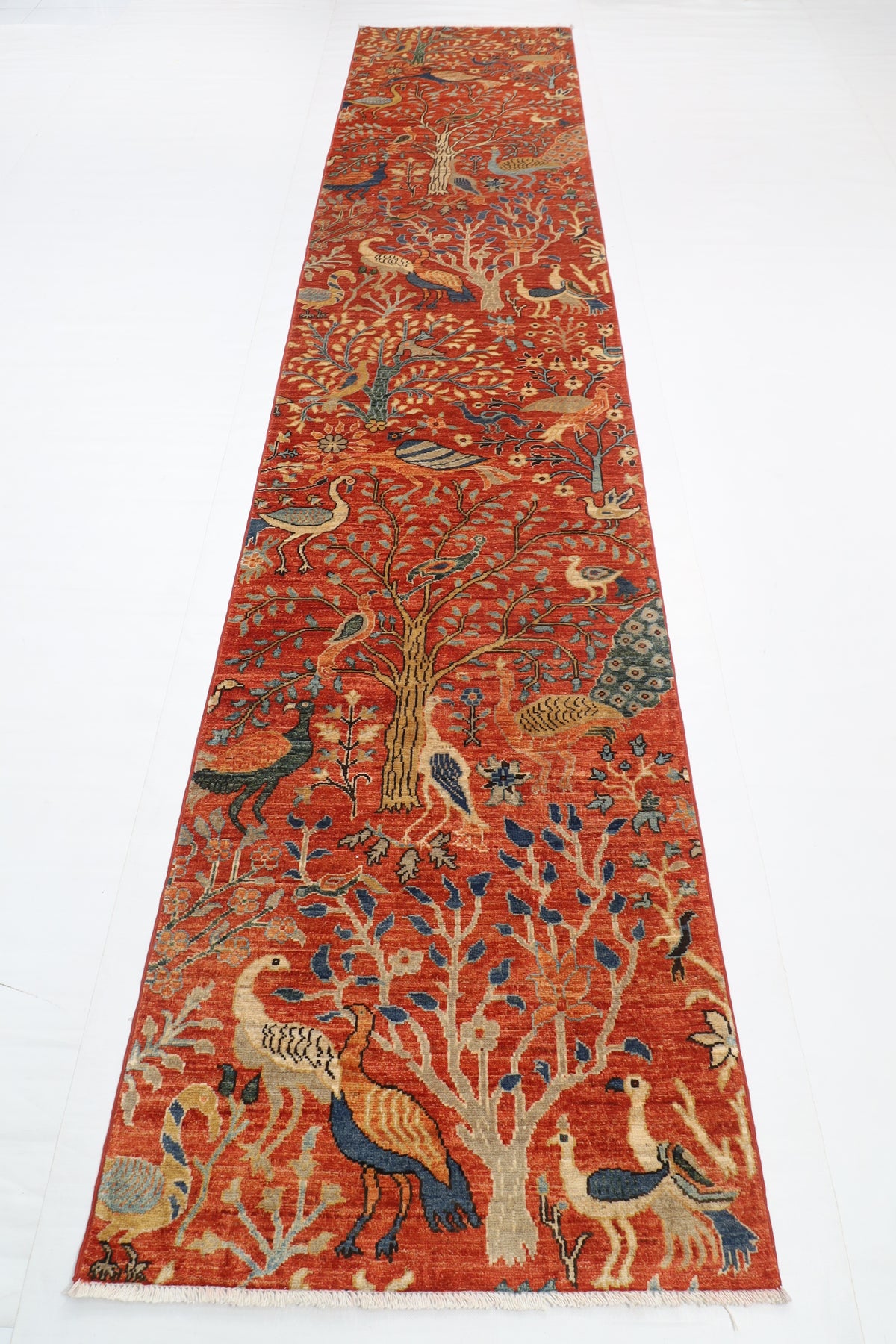 83 x 394 cm | Birds Runner Design Hand Knotted Veg Dye Wool Afghan Carpet
