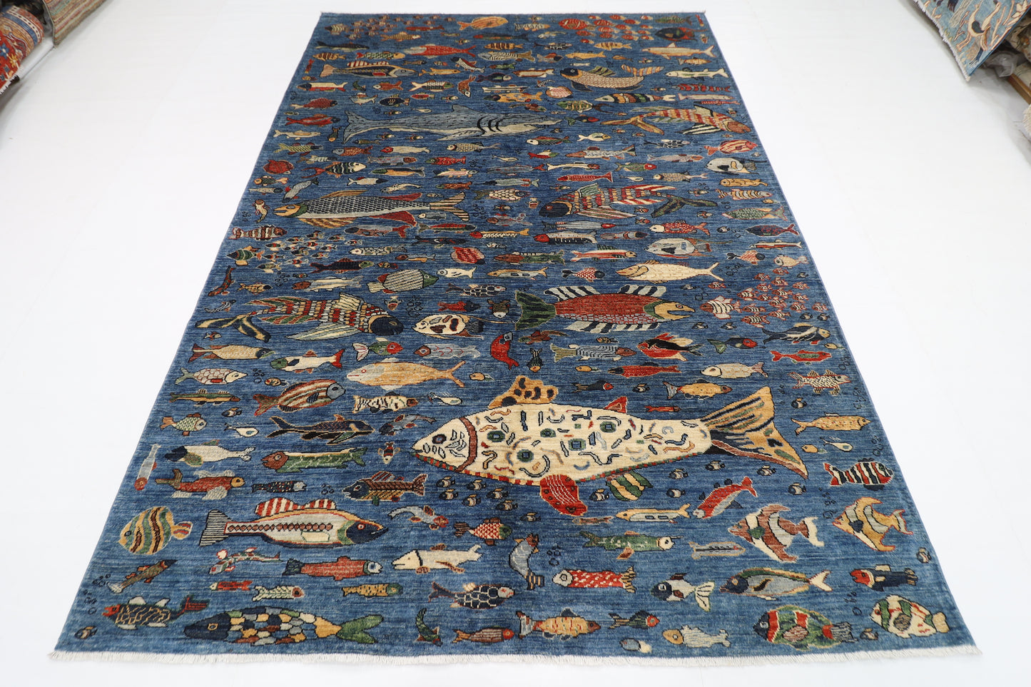 200 x 275 cm | Fish Blue Oriental Area Rug Afghan Hand Knotted Veg Dye Wool carpet