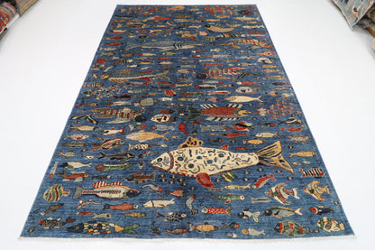 200 x 275 cm | Fish Blue Oriental Area Rug Afghan Hand Knotted Veg Dye Wool carpet