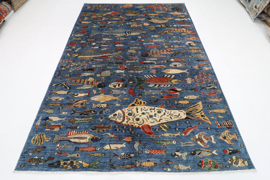 200 x 275 cm | Fish Blue Oriental Area Rug Afghan Hand Knotted Veg Dye Wool carpet