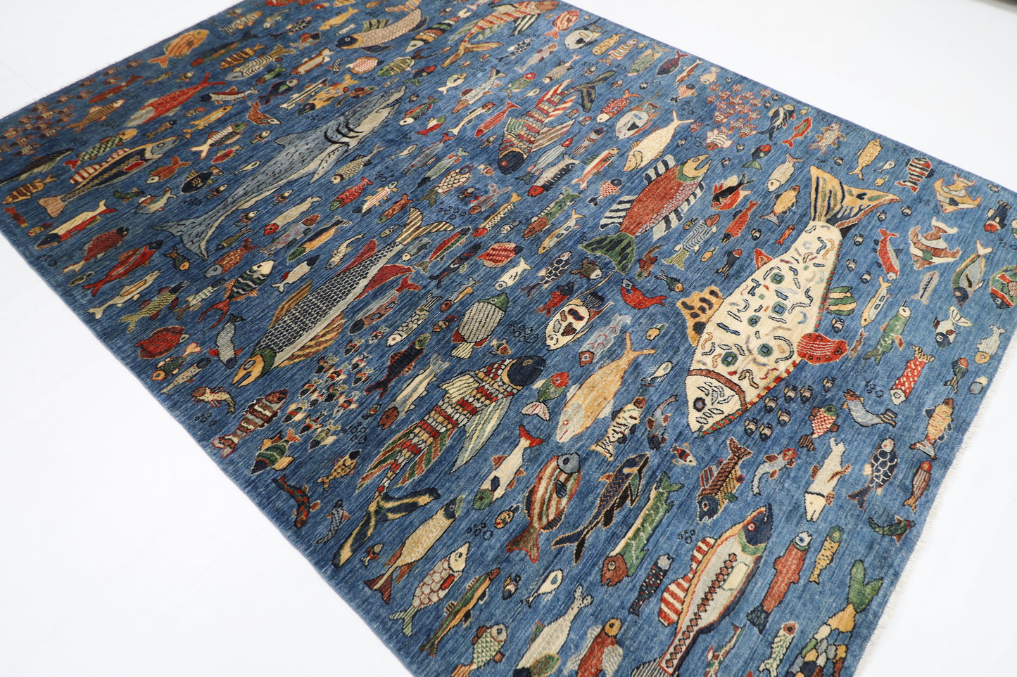 200 x 275 cm | Fish Blue Oriental Area Rug Afghan Hand Knotted Veg Dye Wool carpet