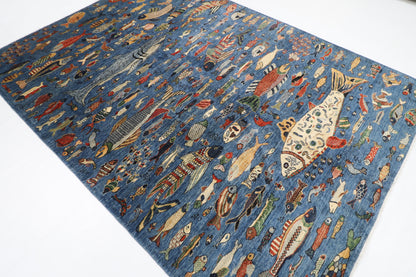 200 x 275 cm | Fish Blue Oriental Area Rug Afghan Hand Knotted Veg Dye Wool carpet
