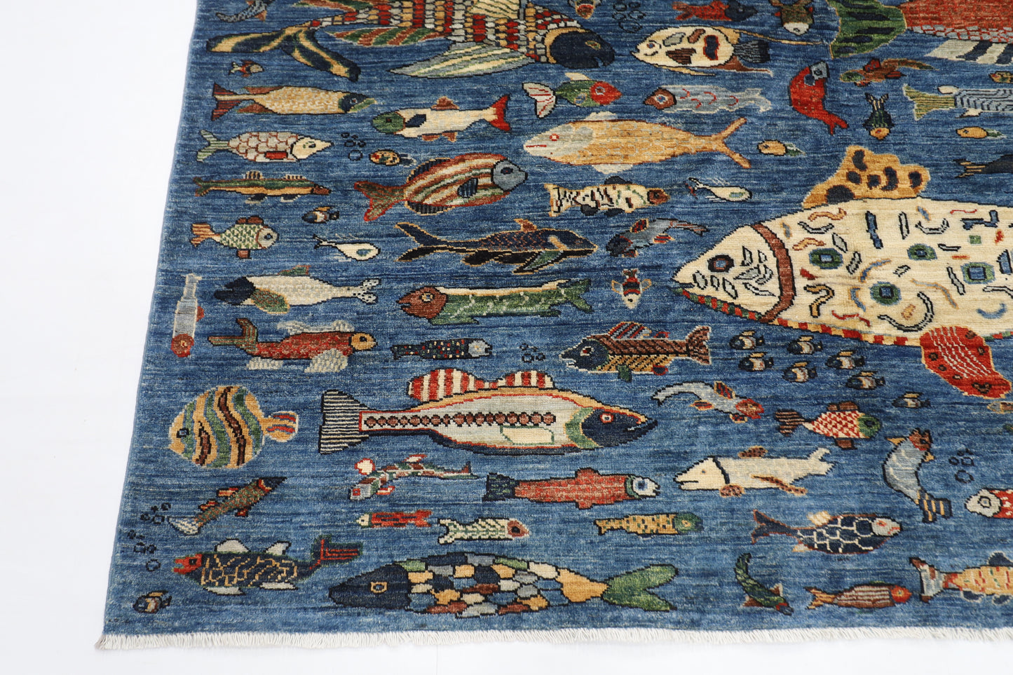 200 x 275 cm | Fish Blue Oriental Area Rug Afghan Hand Knotted Veg Dye Wool carpet