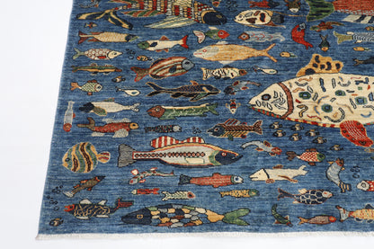 200 x 275 cm | Fish Blue Oriental Area Rug Afghan Hand Knotted Veg Dye Wool carpet