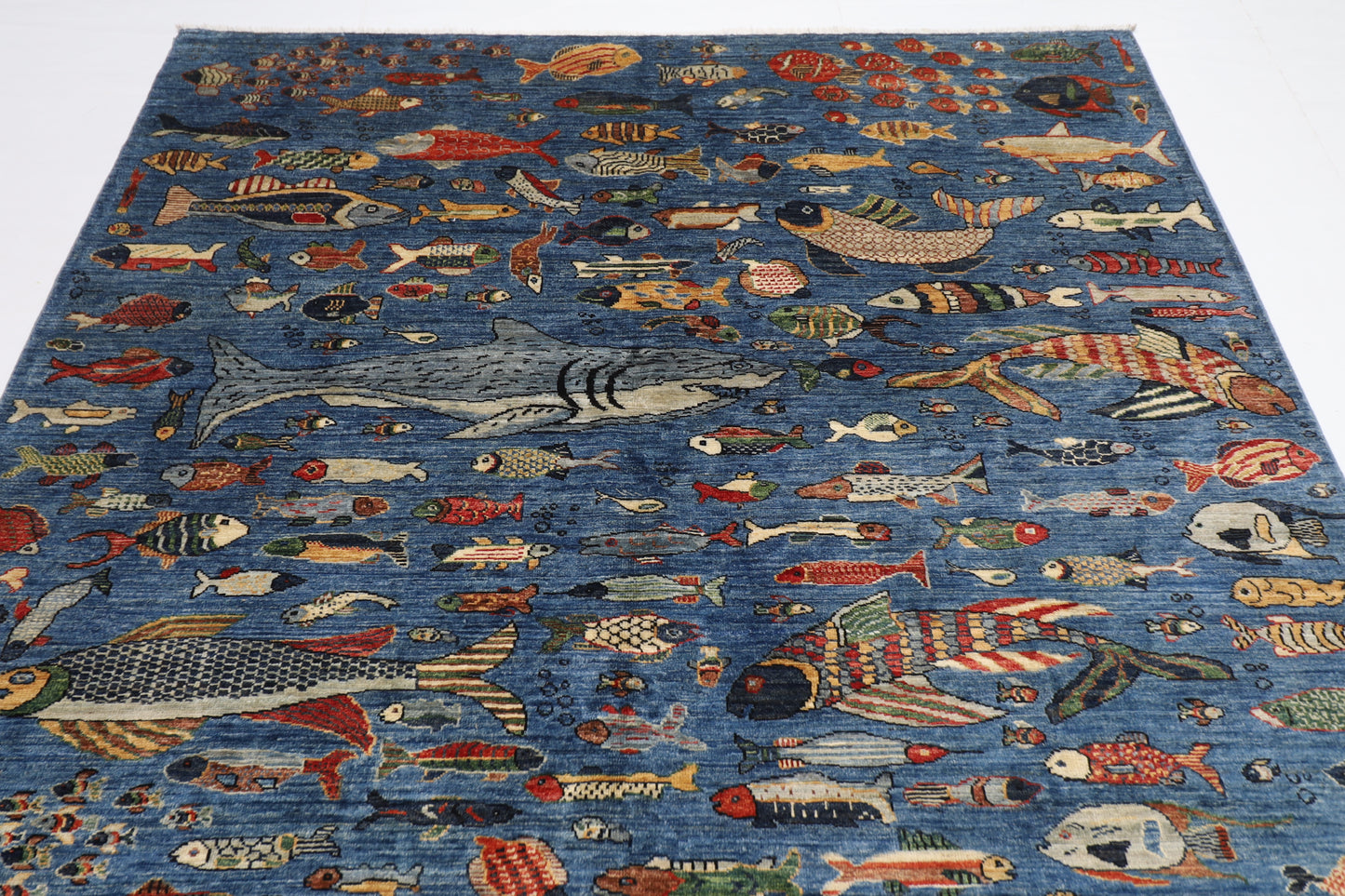 200 x 275 cm | Fish Blue Oriental Area Rug Afghan Hand Knotted Veg Dye Wool carpet