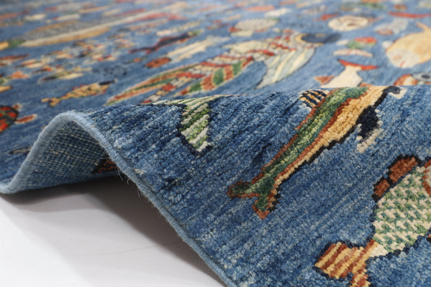 200 x 275 cm | Fish Blue Oriental Area Rug Afghan Hand Knotted Veg Dye Wool carpet