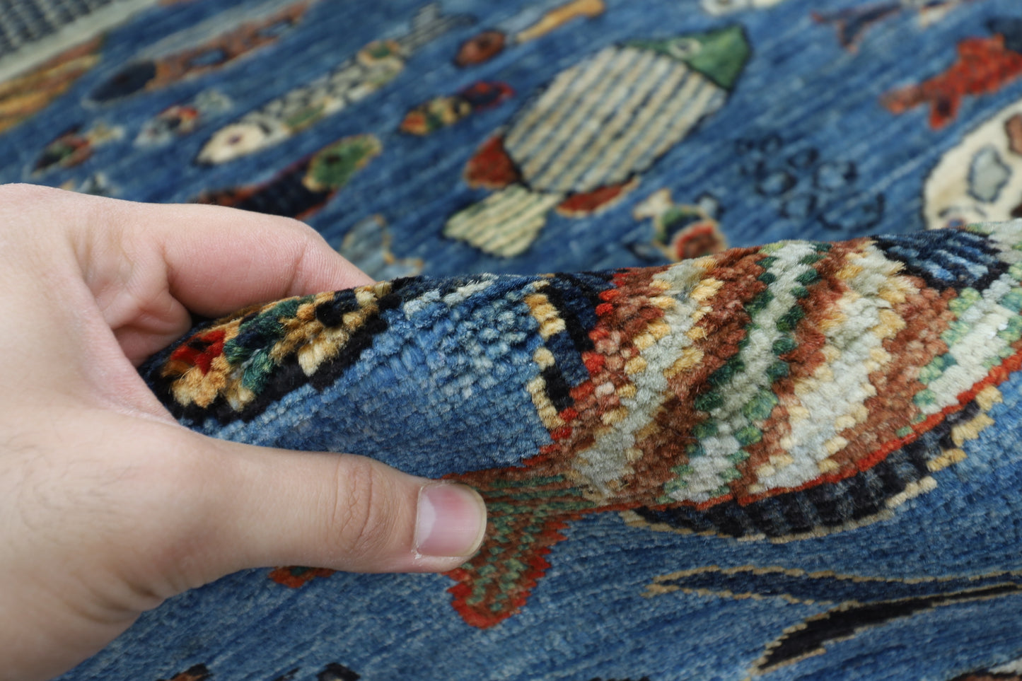 200 x 275 cm | Fish Blue Oriental Area Rug Afghan Hand Knotted Veg Dye Wool carpet