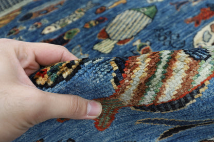 200 x 275 cm | Fish Blue Oriental Area Rug Afghan Hand Knotted Veg Dye Wool carpet