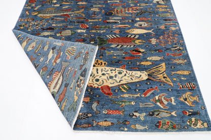 200 x 275 cm | Fish Blue Oriental Area Rug Afghan Hand Knotted Veg Dye Wool carpet