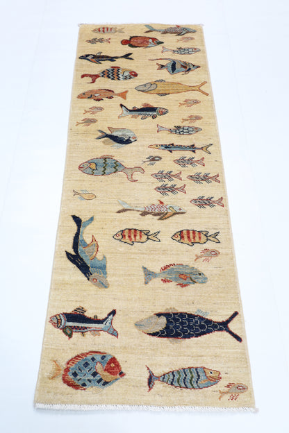 66 x 178 cm | Fish Runner Design Hand Knotted Veg Dye Wool Afghan Carpet