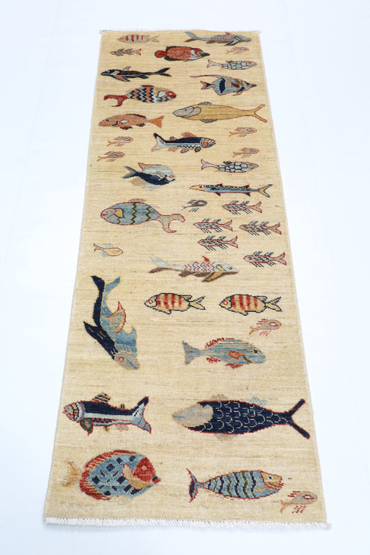 66 x 178 cm | Fish Runner Design Hand Knotted Veg Dye Wool Afghan Carpet