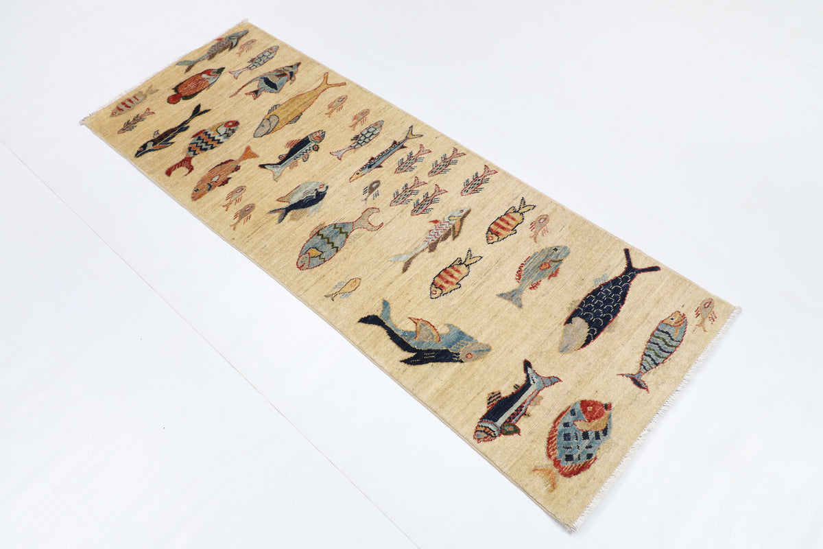 66 x 178 cm | Fish Runner Design Hand Knotted Veg Dye Wool Afghan Carpet