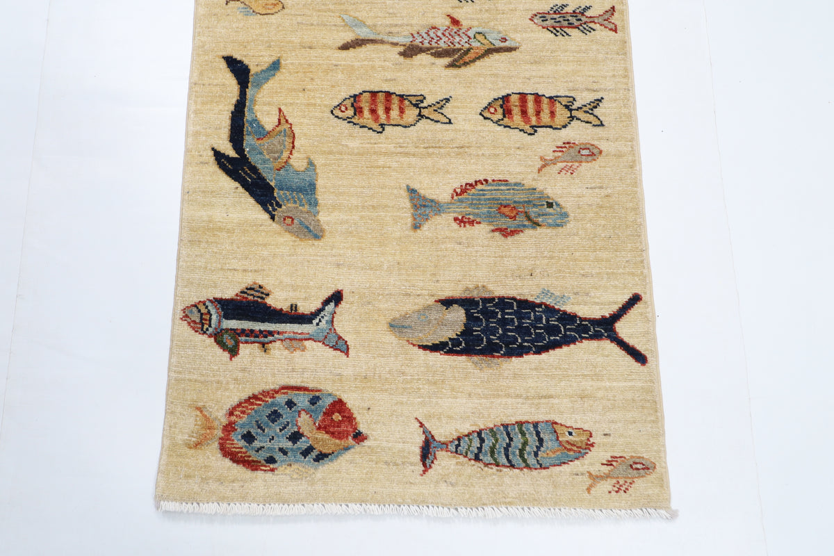 66 x 178 cm | Fish Runner Design Hand Knotted Veg Dye Wool Afghan Carpet