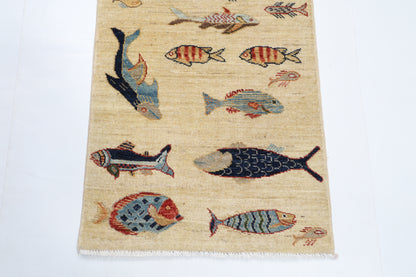 66 x 178 cm | Fish Runner Design Hand Knotted Veg Dye Wool Afghan Carpet